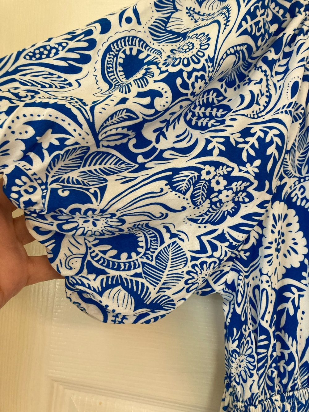 Kindred Blue & White Paisley Maxi Peasant Dress with Puff Sleeves - Picture 3 of 9
